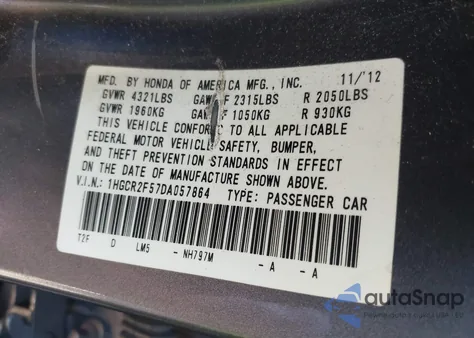 2013 Honda Accord Sport z USA, uszkodzony, nr VIN 1HGCR2F57DA057864